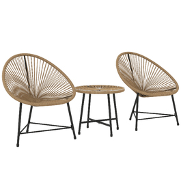 Набір садових меблів на 3 місця: 2 крісла з ротангу, стіл зі скляною стільницею, сталевий каркас. Меблі для відпочинку на відкритому повітрі, світло-коричневого кольору.