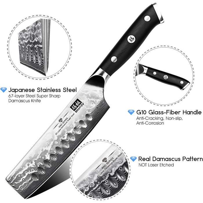 Набір кухонних ножів SHAN ZU PRO Series: ніж шеф-кухаря з дамаської сталі 67 шарів, G10 ручка, 20 см