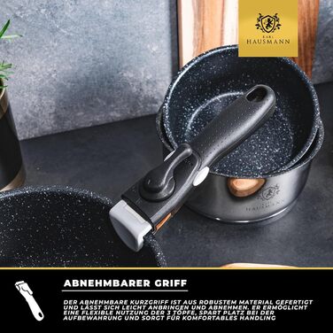 Набір каструль з знімними ручками (3 шт.) з нержавіючої сталі - сумісний з індукційними плитами. Набір каструль, сковорідок та посуду з гранітним покриттям