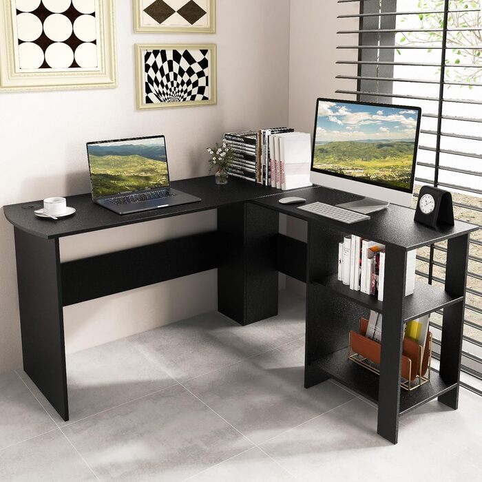 Письмовий стіл COSTWAY L-подібної форми, кутовий стіл з 2 отворами для кабелю та відсіками для зберігання, кутовий стіл, комп'ютерний стіл, офісний стіл для дому або офісу, 130 x 130 x 74 см (чорний)