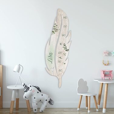 Пір'яна планка з дерева для дітей з персоналізованим ім'ям - дитяча планка з листям і кроликом-вимірювальна планка для дитини о. Дитяча кімната-вимірювальна планка для хлопчиків і дівчаток (рожева з листям і кроликом)