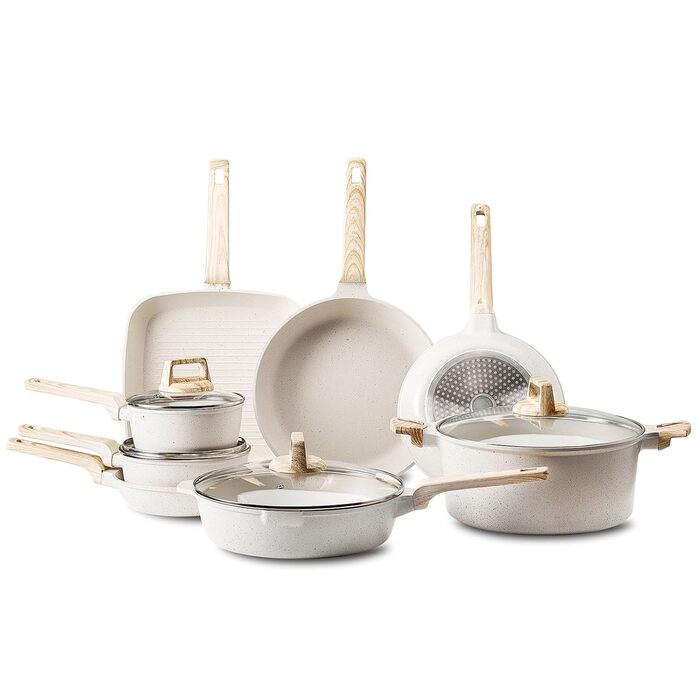 Набір каструль та сковорідок VEVOR з нержавіючої сталі (19 предметів) з кришками з термостійкого скла, антипригарне покриття, для кухні та кемпінгу, підходить для приготування соусів, тушкування та варіння (білий)