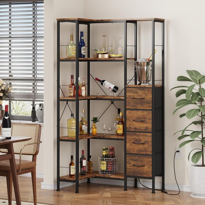 Кутовий стелаж OYRREU з 5 ярусами, LED-підсвічуванням та 4 висувними ящиками. Підходить для вітальні, спальні, офісу, кухні. Вінтажний коричневий колір.