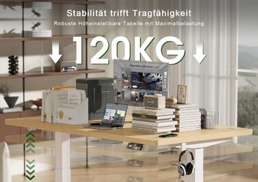 Електричний підйомний стіл Devoko 180x80 см, ергономічний комп'ютерний стіл для роботи сидя-стоячи з подвійним мотором, пам'яттю та USB-C (Дуб/Білий)