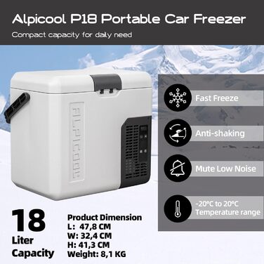 Alpicool Компактний переносний холодильник 18L для авто, кемпінгу, 12/24V DC, для їжі та напоїв