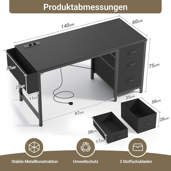 Компактний письмовий стіл Claiks з 3 висувними ящиками, 100x60 см. Комп'ютерний стіл з розетками та USB-портами для дому та офісу. Чорний колір