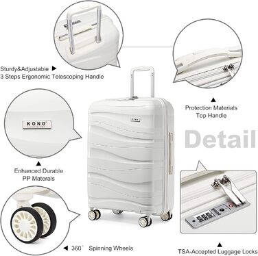 KONO Чемодан середнього розміру 65 см з поліпропілену з TSA замком, 65x46x26.5 см (Крем-білий)