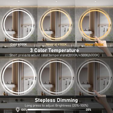 Дзеркало для ванної кімнати з підсвічуванням, 60 см, кругле, з антизапарюючим покриттям, регульоване, 3 кольори світла (80x80 см)