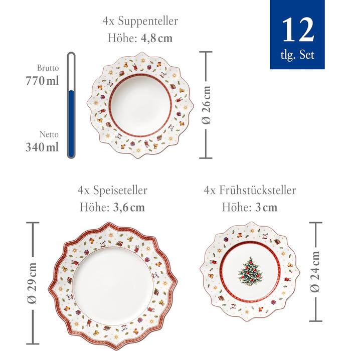 Villeroy & Boch Toy's Delight: Сніданок на двох - сервіз для двох осіб (6 предметів), білий/червоний. Ідеальний для святкування Різдва! Преміум-посуд з порцеляни.
