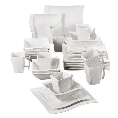 MALACASA Серія Flora – 60-елементний посуд для 12 осіб – кремово-білий порцеляновий сервіз з квадратним дизайном (тарілки, чашки, підтарілки) – придатний для миття в посудомийній машині та використання в мікрохвильовій печі, білий