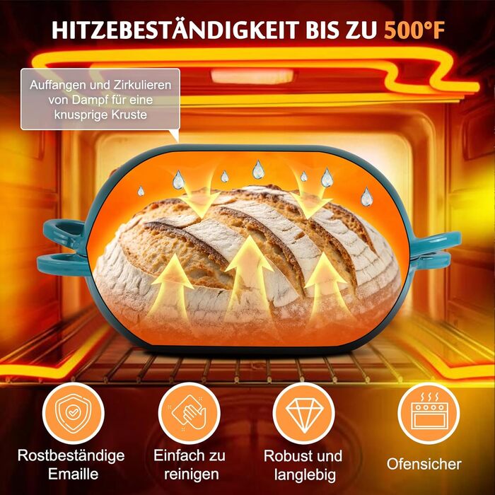 Форма для випікання хліба з кришкою Gusseisen, 23 см, емальована чавунна форма, 2.75 л, для випікання хліба, жаровня з кришкою, сумісна з духовкою (перехідний колір блакитно-зелений)