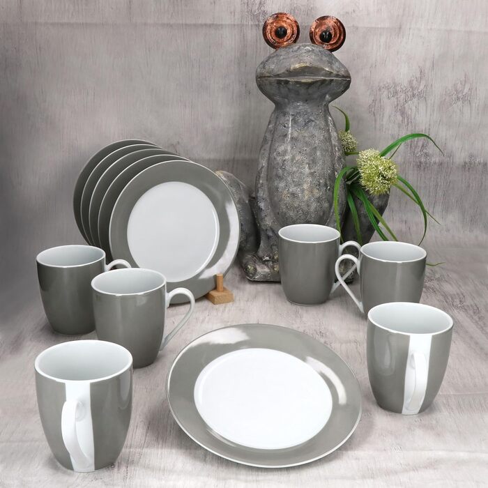 Набір посуду MamboCat Grau 12 предметів: 6 тарілок та 6 чашок 350 мл, 10,3 см, для 6 осіб, порцеляна
