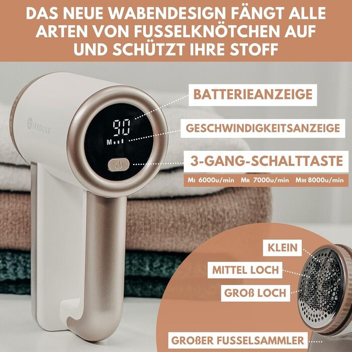 Електричний видальник ворсу WiredLux - бездротовий пристрій для одягу та меблів. 3 швидкості, 6-лезове лезо, LED-дисплей, USB-зарядка (білий, слонова кістка, золото)
