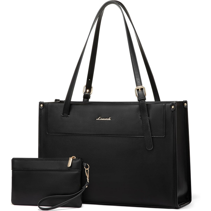 LOVEVOOK Сумка для ноутбука 15.6 дюймів, жіноча, велика, водонепроникна, сумка-шоппер, ділова, з PU шкіри, для офісу, навчання, чорна