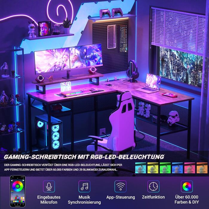 L-подібний ігровий стіл, 141x117x76 см, з полицею, для дому, офісу, навчання, ігор (Рустикальний коричневий)