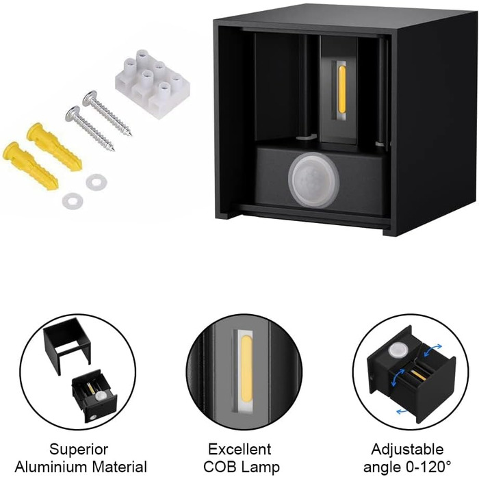 Klighten Зовнішня лампа з датчиком руху 12W, IP65, 3000K тепле біле світло, для внутрішнього та зовнішнього використання, регульований світловий потік, чорний колір