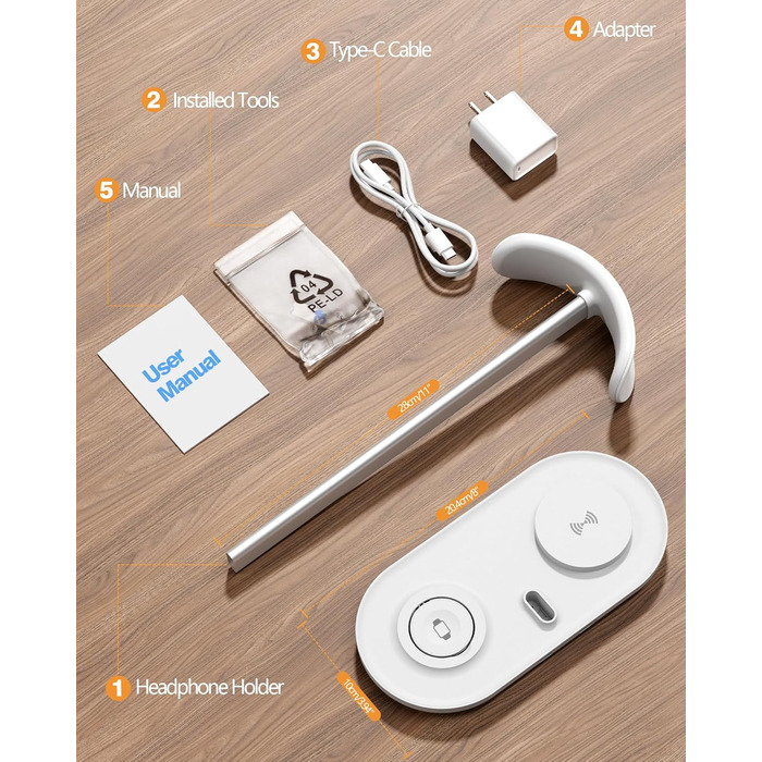 Підставка для навушників HiWe 3-в-1 з бездротовим зарядним пристроєм для телефону/AirPods/iWatch. Алюмінієва стійка, шкіряний підклад, ABS-основа, білий колір.