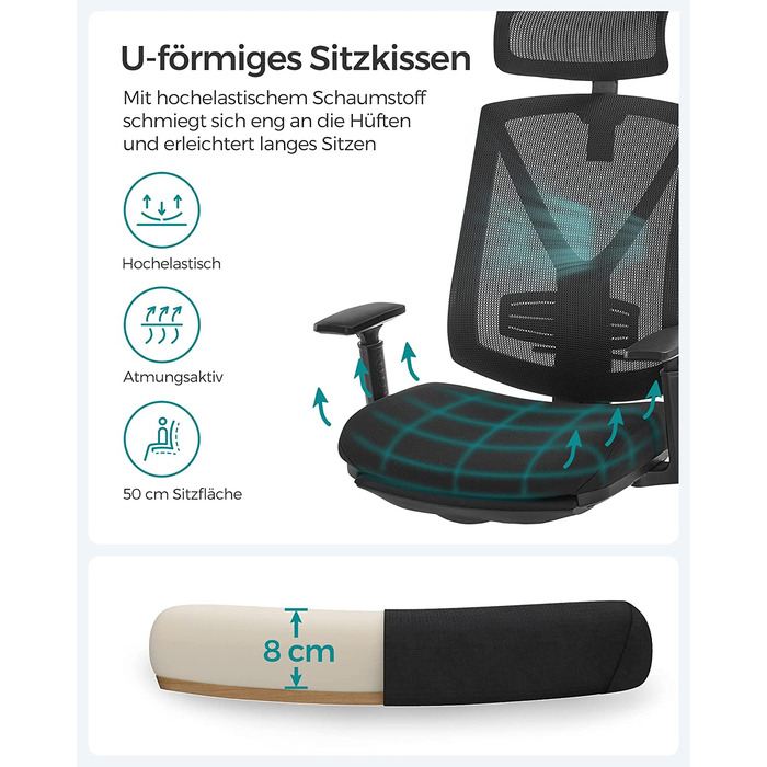 Офісний стілець SONGMICS з підставкою для ніг, ергономічний, з підтримкою попереку, регульованою головою та підлокітниками, регулюванням висоти та функцією гойдання, до 150 кг, чорний OBN61BKV1
