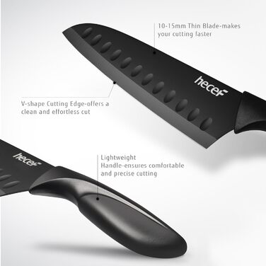 Набір кухонних ножів Hecef 15 предметів з бруском, чорний колір, антипригарне покриття, безпечний для миття в посудомийній машині, самозаточуваний брусок, ергономічні ручки, набір ножів для кухні для початківців та любителів готування (6 шт)