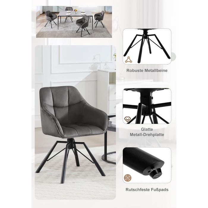 Крісла для їдальні WOLTU (4 шт) з оббивкою з велюру, сірого кольору, з підлокітниками та поворотним механізмом