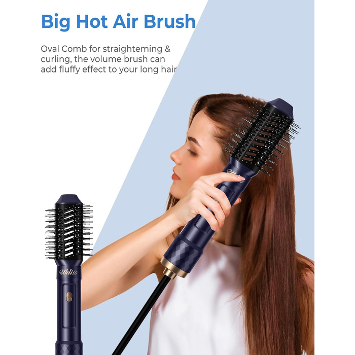 Щітка для укладання Airstyleer, UKLISS Hairstylist Кругла щітка Фен Щітка з гарячим повітрям 6 в 1 з автоматичною плойкою, щітка для випрямлення, додає об'єм, розгладжує, завиває та сушить волосся феном синього кольору