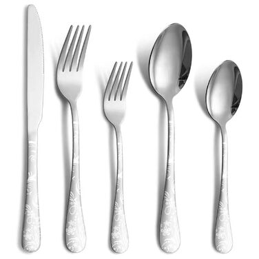 Набір столових приборів на 4 особи (20 предметів) з нержавіючої сталі, ніж, виделка, ложка, сріблястий, придатний для миття в посудомийній машині
