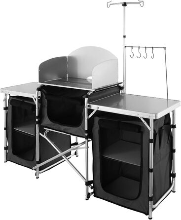 VEVOR Стіл для кемпінгу, розкладний туристичний стіл з місткою сумкою, алюмінієва кухонна станція з 3 шафками та знімним вітрозахистом, швидкий монтаж для пікніків та відпочинку на природі, чорний колір