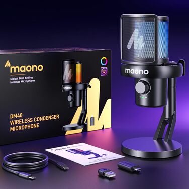MAONO DM40 Бездротовий мікрофон для ПК з RGB-підсвіткою та ШІ-зміною голосу, шумозаглушення, для геймінгу, подкастингу та стрімінгу (Чорний)