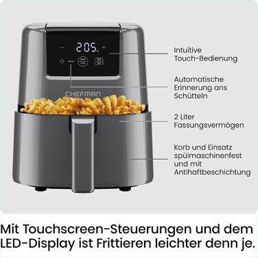 Фритюрниця Chefman 2L з гарячим повітрям - компактна, з антипригарним покриттям, для швидких та простих страв, з цифровим таймером та нагадуванням про струшування - сіра