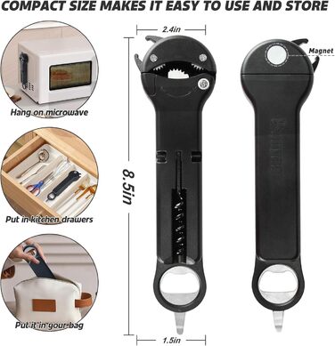 Набір 7-в-1: відкривачка для пляшок, вина та банок для людей похилого віку з артритом, мультифункціональний магнітний відкривач кришок (білий, чорний)