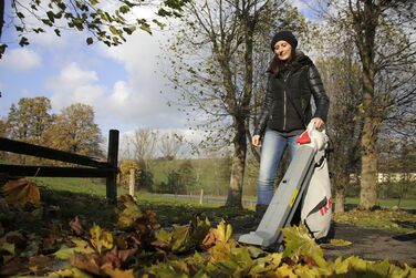 IKRA 74204030 Електричний 3-в-1: пилосос для листя, повітродувка, подрібнювач листя IBV 2800 E, об'єм контейнера 45л, швидкість повітря 275 км/год, 2800 Вт, 230 В, сірий/червоний/чорний