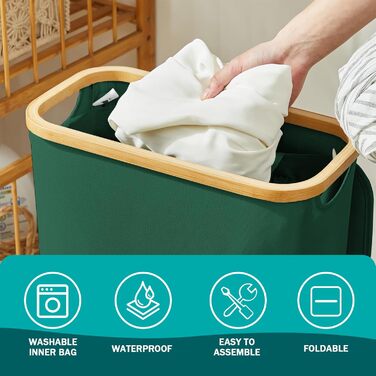 Кошик для білизни Youdenova з кришкою, 48л, вузький, з мішком, сортувальник, бамбук, білий