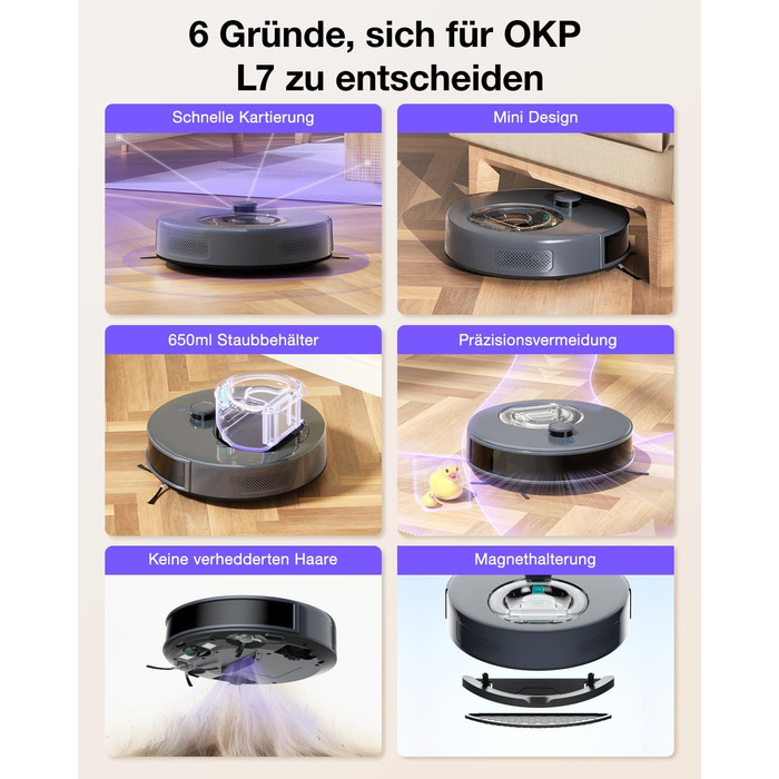Робот-пилосос OKP L7G 3-в-1 з функцією миття, 6000Pa, LiDAR, 150 хв, WiFi, Alexa, для тварин, килимів, твердих підлог, сірий