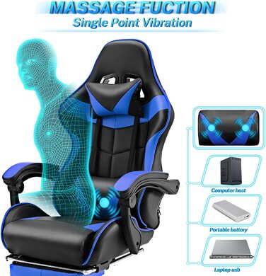 Ігрове крісло Soontrans, масажне ігрове крісло з підставкою для ніг, ергономічне ігрове крісло з підголівником, масажна подушка для попереку, м'яке ігрове крісло, ігрове крісло для геймерів YouTube пряма трансляція (синій) синій з масажем