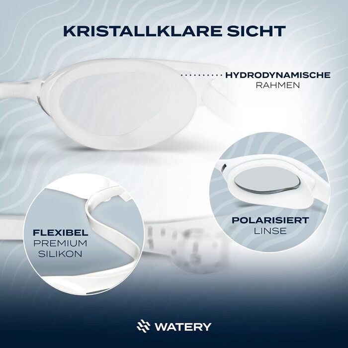 Водянисті окуляри для плавання з обробкою проти запотівання - Тренування, змагання (дзеркальні, захист від ультрафіолету) - Не залишає слідів навколо очей - Окуляри для плавання для дорослих, підлітків (білі/сріблясті)