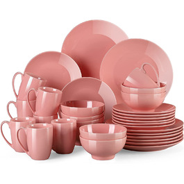Сервіровка столових фарфор, LOVECASA SWEET 32 шт. комбінований сервіз барвистий, обідній набір посуду на 8 осіб обідні тарілки, чашки, десертні тарілки і миски (рожевий, набір посуду з 32 предметів)