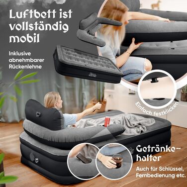 Надувне ліжко 3-в-1 | Гостьове та кемпінгове ліжко | Надувна матрац з електропомпою 150x200 | Самостійно надувна ліжко (1 особа, Чорний/Антрацит)