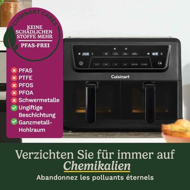 Фритюрниця Cuisinart XXL 10.4L з двома зонами нагріву | Без PFAS та хімікатів | Для смаження, грилю, випікання, дегідратації та підтримання тепла | 2 x 5.2L, 8+ порцій | Знімні деталі, придатні для миття в посудомийній машині (2 камери + скло)