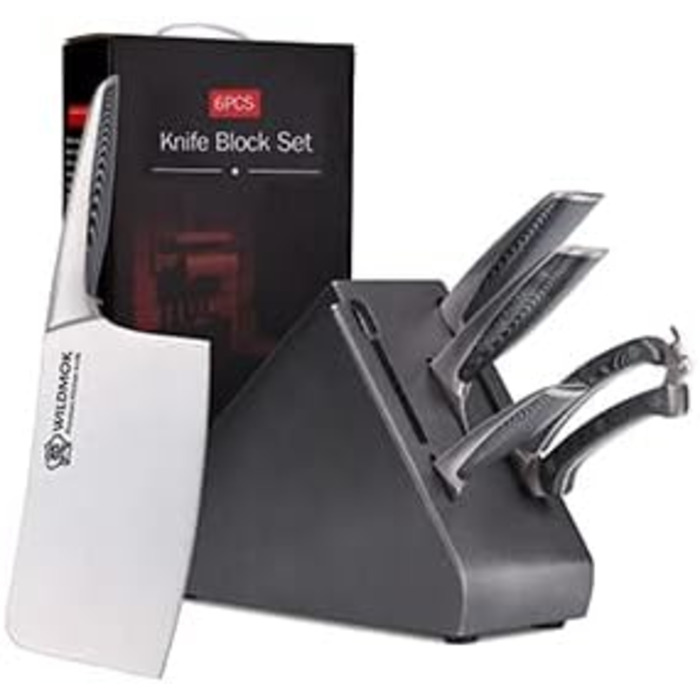 Набір кухонних ножів WILDMOK 6 предметів з блоком. Ультрагострі ножі з нержавіючої сталі з ABS-ручкою. Азіатський набір ножів для кухні