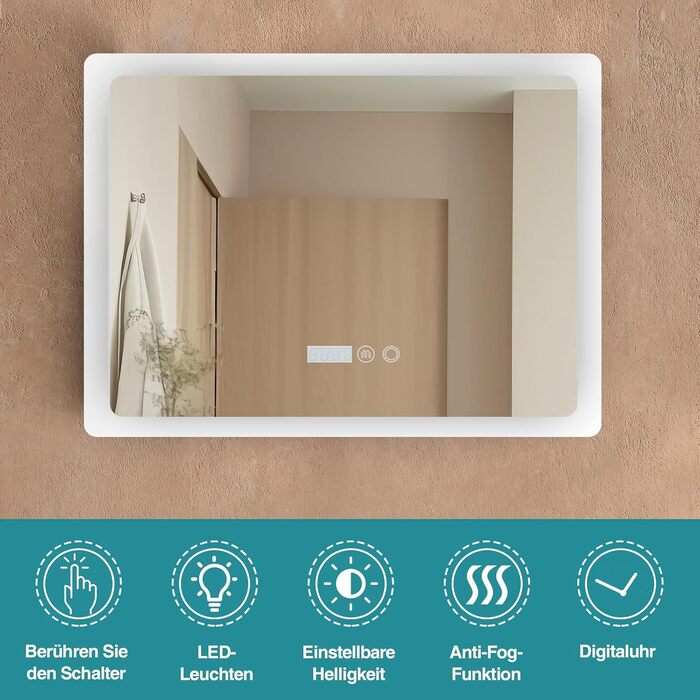 Дзеркало для ванної кімнати YU YUSING з підсвічуванням 80x60 см, LED, 3 кольори світла, регулювання яскравості, антизапар, сенсорне управління, таймер, загартоване скло, IP44, прозоре