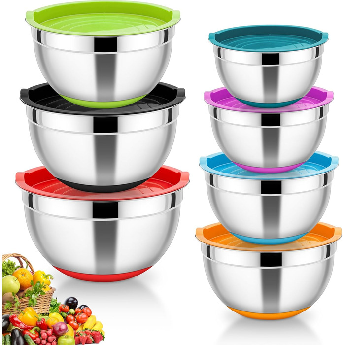 Набір мисок HaWare 7 шт. з нержавіючої сталі з кришками, 6.5-0.7л, кольорові, з силіконовим дном