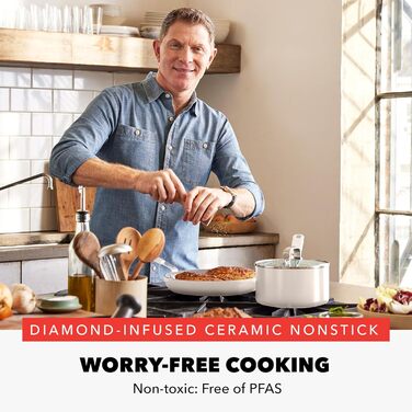 Каструля GreenPan x Bobby Flay 6QT з кришкою з термостійкого скла, антипригарне покриття Diamond Ceramic, індукційне дно, 5.7 л, сірий (Graphite/Nature's Delight)