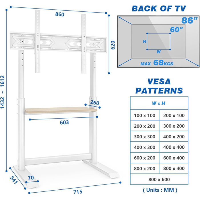 Підставка для телевізора TVON: для плоских та вигнутих екранів 60-86 дюймів, регульована висота, до 68 кг, VESA 800x600 мм, білий