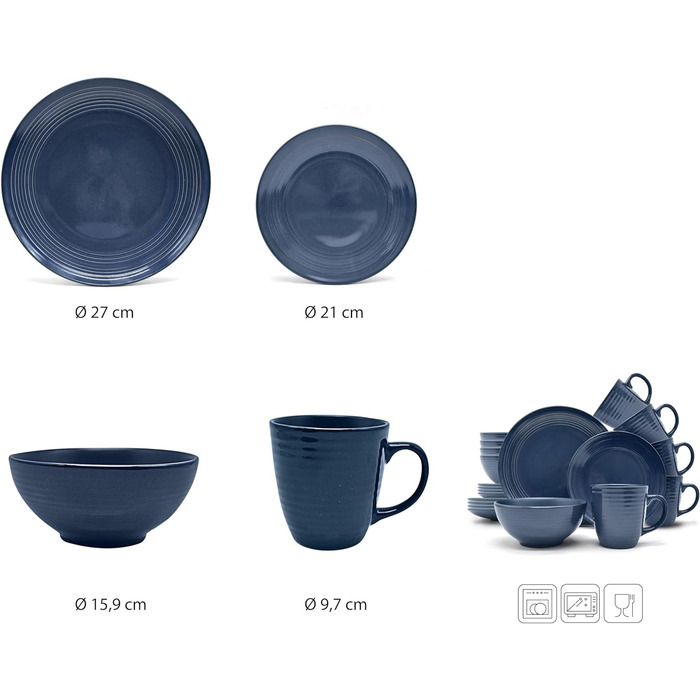 Вінтажний комбінований сервіз ECHTWERK з 24 предметів Алісія сучасний дизайн для 6 осіб, стильний темно-синій набір посуду з кераміки з 6 обідніми тарілками, 6 бічними тарілками, 6 чашками, 6 чашками для чаю