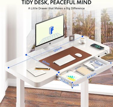 Електричний регульований стіл FLEXISPOT з підняттям, з USB та ящиком, скляна панель 120 x 60 см (сніжно-білий)