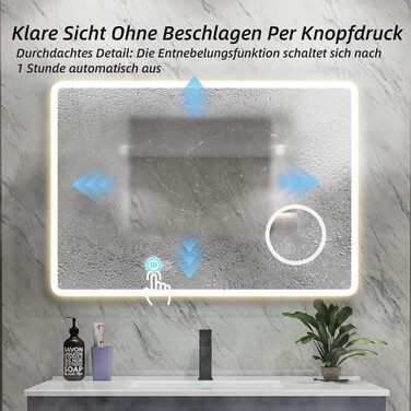 Дзеркало для ванної кімнати HySail з підсвічуванням, 5 мм, висока роздільна здатність, срібне покриття, 3 колірні температури, регульована яскравість, антизапар, сенсорне керування, прямокутне (3 кольори + регулювання + дзеркало для макіяжу + годинник, 80