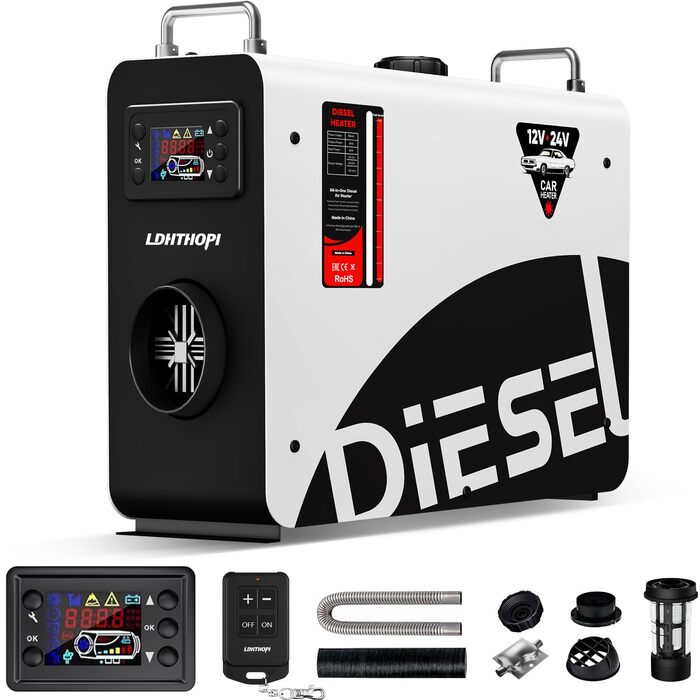 Дизельний опалювач LDHTHOPI 8 кВт, 12/24V з таймером, LCD-дисплеєм та пультом, швидкий нагрів 4.5л. Економія енергії для гаража, кемпінгу, автодому. Білий колір