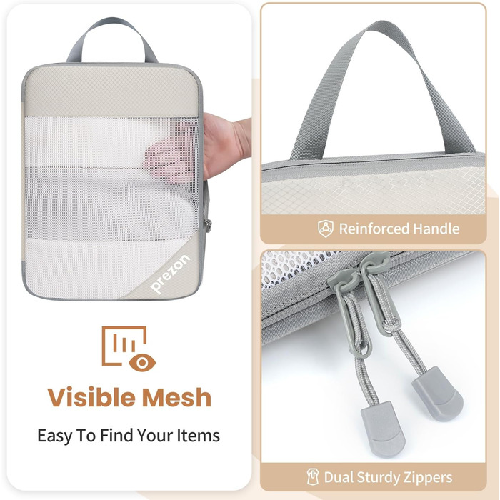 Набір компресійних органайзерів для одягу в подорожі, 6 шт, прозорі пакувальні куби для валізи, легкі та міцні, бежевий колір