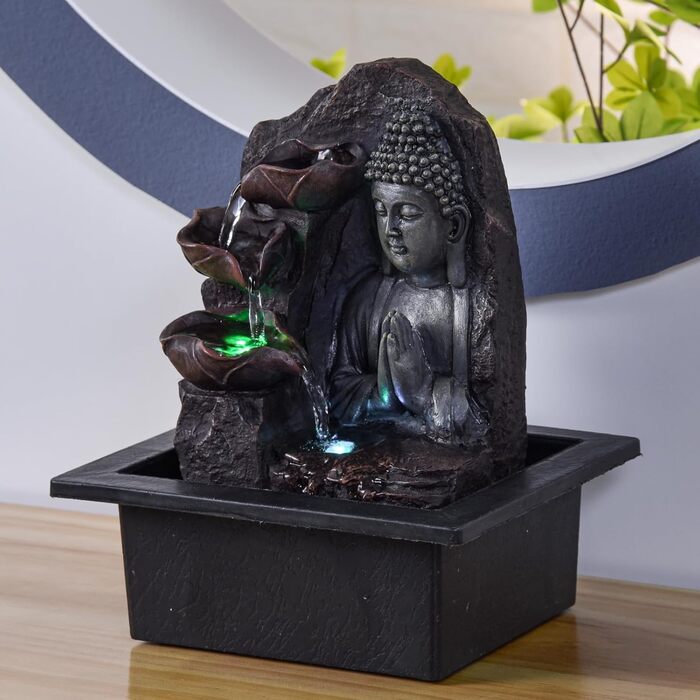 Джерело Zen'Light Zimmerbrunnen з Буддою та LED-підсвіткою - Сучасна декор для медитації та релаксації, Фен-Шуй, 26 см, горіх