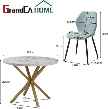 Набір обіднього столу GrandCA HOME з 4 стільцями, діаметр 100 см, для вітальні, кухні, їдальні, сірий та темно-сірий (мрамор + м'ятний)